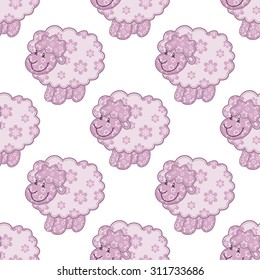 Seamless pattern with pink sheep
