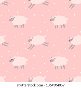 Seamless pattern with pink sheep on pink snowy background. Modern design for fabric and paper, surface textures.