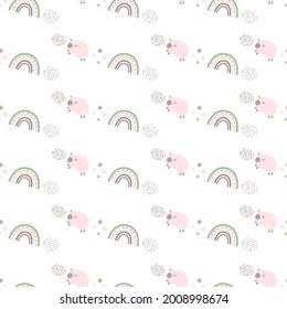 Seamless pattern with pink sheep and rainbows. For baby background wallpaper for nursery, fabric and clothing. Vector illustration.