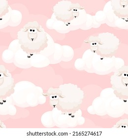 Seamless pattern with pink sheeps on sky. Clouds Texture. Seamless Pattern sky