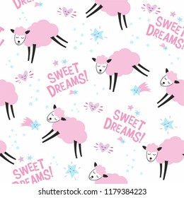 Seamless pattern with pink sheeps and Sweet Dreams lettering