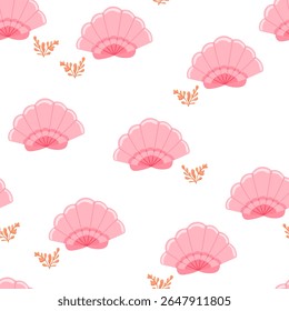 Seamless pattern with pink shells and seaweed