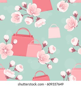 Seamless pattern with pink shopping paper bags, cherry blossom, spring flowers. Retro vector background