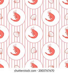 seamless pattern pink shrimp in the circle with pink line background an seashells