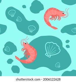 seamless pattern pink shrimp on blue background seashells light line