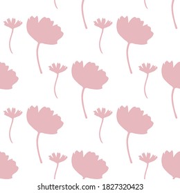Seamless pattern with pink silhouette flowers on white background. Vector image. 