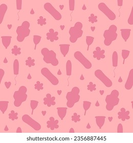 Seamless pattern pink  silhouette menstruation period woman woman pad, tampon, menstrual cup 