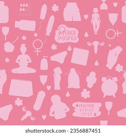 Seamless pattern pink  silhouette menstruation period woman 