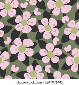 Seamless pattern with pink simple flowers on a green background. Modern doodle hand drawn texture in vector. Perfect for fabric cloth design wallpapers gift wrap and scrapbooking.