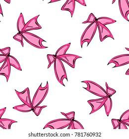 Seamless pattern with pink sketchy bows on a white background. Cute girly bows pattern.