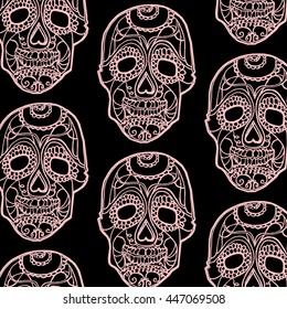 Seamless pattern with pink skulls and black background.
