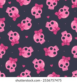 Seamless pattern with pink skulls with bows. Vector graphics.