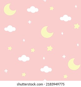 Seamless pattern of pink sky cartoon.Moon,star,cloud hand drawn.Image for card.Pastel color.Kawaii.Vector.Illustration.