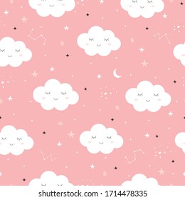 Patrón sin inconvenientes del cielo rosa y la nube blanca que es linda y la estrella y la luna creciente Diseño moderno estilo plano Utilizado para publicación, envoltura de regalo, textil, ilustración vectorial