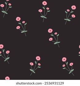 Padrão contínuo com flores pequenas cor-de-rosa sobre fundo preto. Ilustração vetorial.