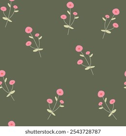 Seamless pattern with pink small flowers on green background. Vector illustration.