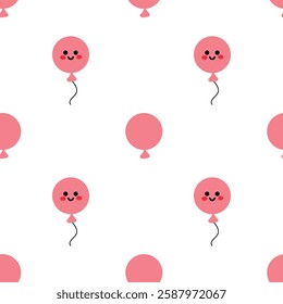 Seamless Pattern of Pink Smiling Balloons With Whimsical Black Strings on White. Playful seamless vector pattern featuring pink happy balloons with cute faces and black strings on a crisp white 