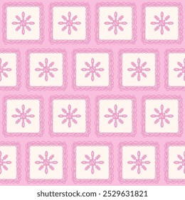 Seamless pattern with pink snowflakes and decorative square frames on a light background. Vector hand drawn flat illustration.