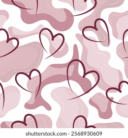 seamless pattern of pink spots of different sizes from different shades of pink and pink hearts placed randomly, for holiday patterns or posters