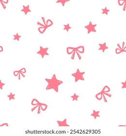 Patrón sin fisuras con estrella rosa y lazo de la cinta en el Vector de fondo blanco.