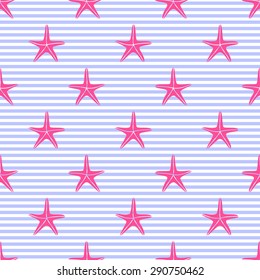 Seamless pattern with pink starfishes on stripes. Cute nautical background. Marine life Background. Baby shower vector illustration. Marine texture.