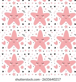 Seamless pattern with pink stars with cute faces and flowers, hearts and stars around them on a white background.