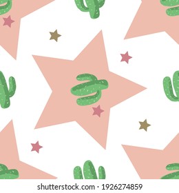 Seamless pattern with pink stars and green cacti on a white background