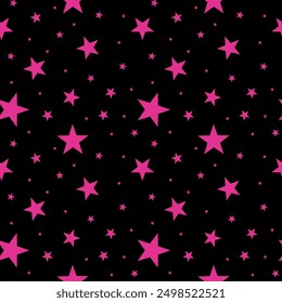 Seamless pattern of pink stars on a black background. Perfect for fabric, wallpapers, and decor. Keywords: graphic design, stars pattern, pink stars, black background, seamless, vector, celestial