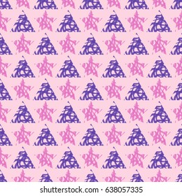 Seamless pattern of pink stars and violet triangles