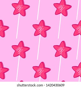 Seamless pattern with pink star-shaped lollipops isolated on pink background. Cartoon retro style candy vector wallpaper.