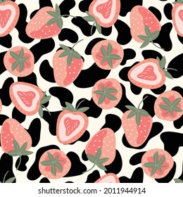 seamless pattern with pink strawberries and black spots of cow skin in doodle style, vector illustration