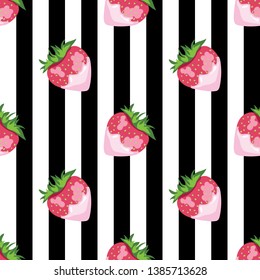 
Seamless pattern with pink strawberries with cream on the black and white vertical stripes. Vector illustration. Wrapping paper, poster, banner design, modern textile print.