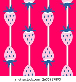 Seamless pattern with pink strawberries and dark blue  leaves on pink background with white stripes. Could be used as print for card, fabric, textile, wallpaper, ribbon, texture, wrapping paper.