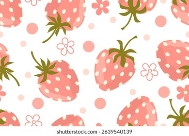 Seamless pattern with pink strawberries decorated with flowers and dots.