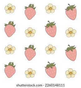 Seamless pattern with pink strawberries and flowers in line art style on white background.