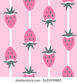 Seamless pattern with pink strawberries and green leaves on pink background with white stripes. Could be used as print for card, fabric, textile, wallpaper, ribbon, texture, wrapping paper.