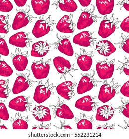 Seamless pattern with pink strawberries. Hand-drawn print. EPS10 vector illustration