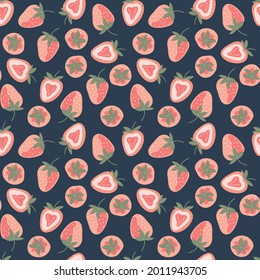 patrón transparente con fresas rosas sobre fondo azul en estilo doodle, ilustración vectorial