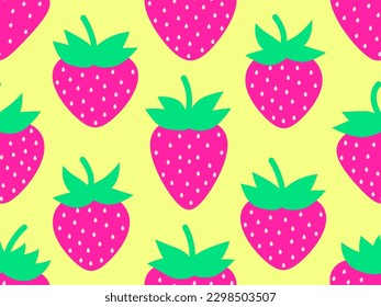 Seamless pattern with pink strawberries on a yellow background. Red strawberries with seeds. Strawberry sweet berries. Design for posters, wrapping paper and wallpapers. Vector illustration
