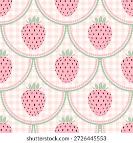 Seamless pattern with pink strawberries on a gingham background. 