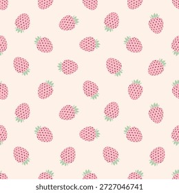 Nahtloses Muster aus rosafarbenen Erdbeeren auf cremefarbenem Hintergrund. Minimalistisches Sommerfruchtdesign für Kindergarten und Textilien.
