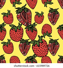 Seamless pattern with pink strawberries on yellow background. Vector illustration.