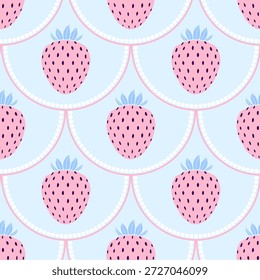 Nahtloses Muster mit rosafarbenen Erdbeeren in gepunkteten Rahmen auf hellblauem Hintergrund. Süßes Design für Kinderzimmer und Babytextilien.