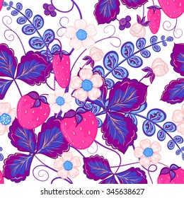Seamless pattern with pink strawberries and violet leaves. Perfect for wallpapers, pattern fills, web page backgrounds, surface textures, textile.