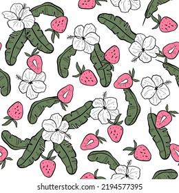 Seamless pattern with pink strawberries, white hibiscus and banana leaves on a white background. Ideal for fabric, textile, wallpaper, prints, scrapbooking, wrapping paper, invitation