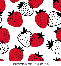 Seamless pattern with pink strawberry berry. Hand drawn strawberries pattern on white background. for fabric, drawing labels, print, wallpaper of children's room, fruit background