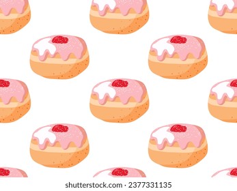 Seamless pattern with pink Strawberry frosted donut. Cartoon flat vector illustration with Traditional Chanukah donuts. Pastry donut background for wallpaper, wrapping, textile, scrapbooking