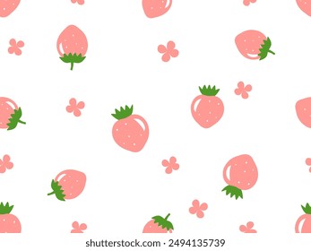 Seamless pattern of pink strawberry with green leaves on white background vector. Cute fruit print.
