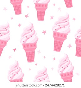 The seamless pattern of pink strawberry ice cream cones with stars is perfect for a festive and fun decoration