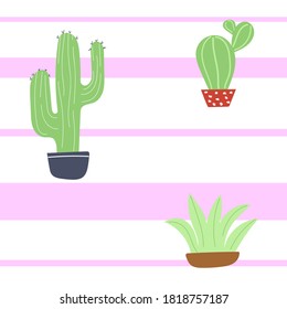 Seamless pattern with pink stripes and cactuses. Flat illustration for nursery design.